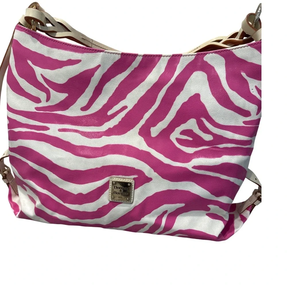 Dooney & Bourke pink white zebra print hobo handbag  leather straps‎ gold logo